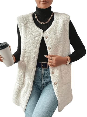 Yutdeng Gilet Lungo da Donna in Pile Invernale Caldo Senza Maniche Sherpa Teddy Vest con Scollo a V Gilet in Pelliccia Tinta Unita Gilets con Bottoni Giacca Leggero Panciotto con Tasche,Beige,L