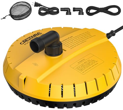 Crestwave Automatic Pool Cover Pump, 115V Submersible Water Pump for Pool Draining, 25FT Power Cord, 1-Year Warranty, Water Removal for Swimming Pool, Hot Tub, Fish Tanks, Pond, 2 Adapters, Yellow