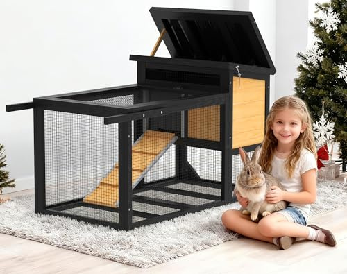 TIMHAKA 2-Story Bunny Hutch with Wheels and Chew-Proof Ramp, Yellow