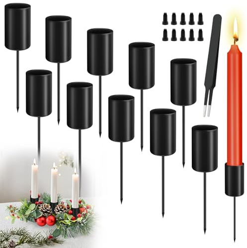 WRENYZK 10 stycken ljushållare adventskrans, stavljushållare, adventskrans, svart med kort spets och pincett, stavljushållare metall för juldekoration, bordsdekoration