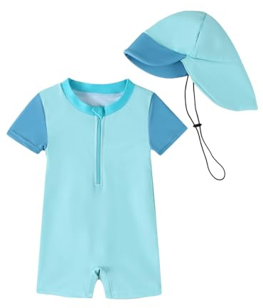 JiAmy Maillot de bain pour bébé garçon avec chapeau de soleil Protection UV Maillot de bain une pièce Maillot de bain Vêtements, bleu clair, 18-24 mois