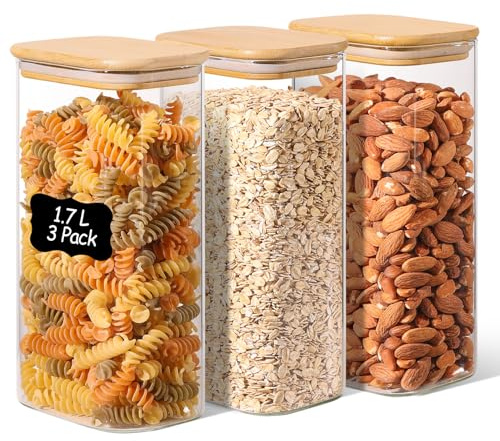 ComSaf 3er Set Vorratsgläser mit Deckel Luftdicht 1,7L, Glasbehälter mit Deckel Vorratsdosen Glas, Aufbewahrungsgläser Aufbewahrung Küche, Vorratsglas mit Holzdeckel für Keksdose, Müsli, Cornflakes