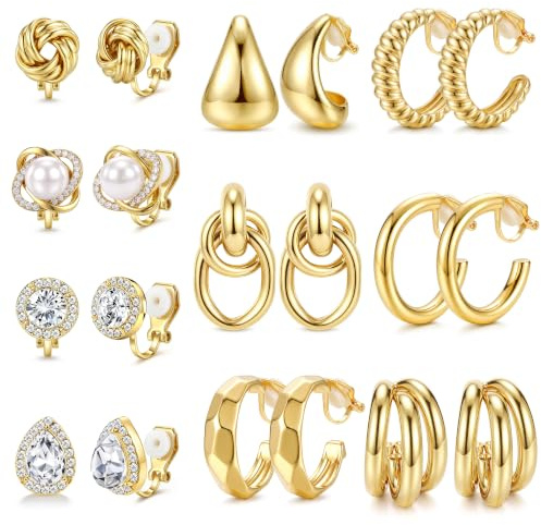10 Paires Boucles d'Oreilles à Clip pour Femme Sans Perçage Clips Oreilles | Creole Acier Inoxydable Hypoallergene Boucle d'oreille Plaquée Or 14K/Argent Fleur Motifs Cœur Papillon Bijoux Enfants Fille