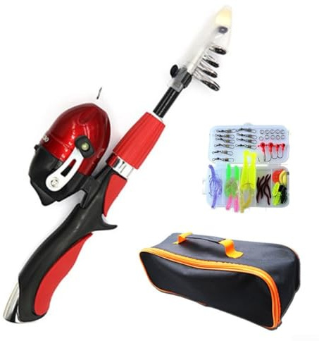 Kit canna da pesca a mosca, canna da pesca telescopica per viaggi, genitore-figlio, sport, bambini, principianti, set con mulinello (rosso)