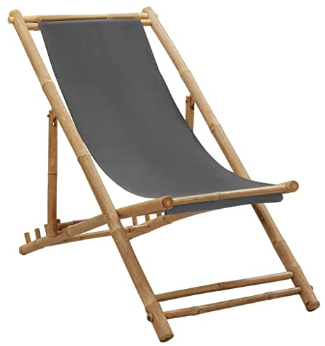YunCangg Deck Chair Bamboo and Canvas Dark Grey, Foldable and Adjustable in 4 Positions, Weatherproof and Robust, Ideal as a Garden Chair, Camping Chair, Balcony Chair, Relaxing Chair for Outdoor Use