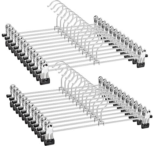 Amber Home 24 Stück 30cm Chrom Eisen Kleiderbügel, Silber Metall Hosenbügel Aufhänger für Hosen Shorts Rock Socken Unterwäsche, mit rutschfest Clips