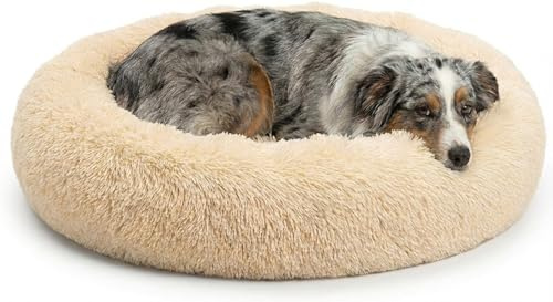 Active Pets Premium Medium Donut Dog Bed, Fits Up to 45 lbs, Removable Cover & Washable Cushion, Plush Long Pile Faux Fur Fabric, Portable Beige Pet Bed Furniture for Puppies Adult Canines & Cats