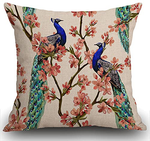 Smooffly Peacock Cushion Covers, Peacock on Tropical Japanese Flowers Tree Branches Farmhouse Pattern Cotton Linen Decorative Throw Pillow Covers Pillow Cases for Sofa 18x18 inches 45X45CM