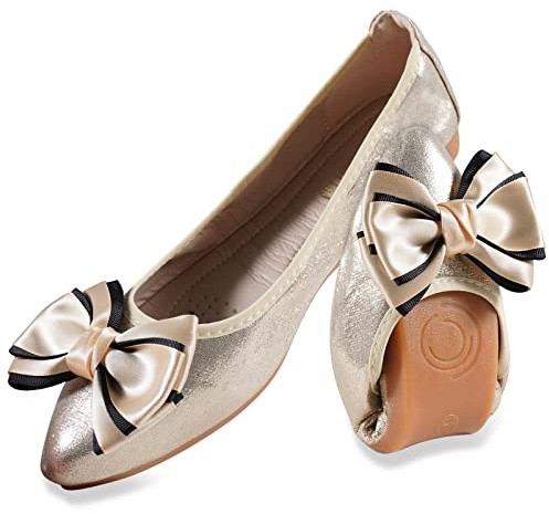 MACHSWON Ballerines plates scintillantes confortables à bout pointu avec nœud papillon pour femme, Doré 05, 41 EU