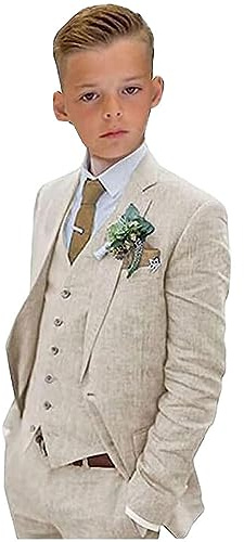 Tuta estiva in lino per ragazzi, 3 pezzi, leggera, da spiaggia, per matrimoni, giacca e pantaloni da festa, abito formale, Beige, 14 anni