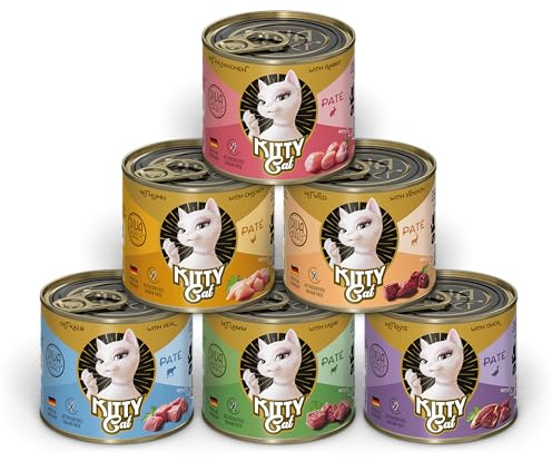 KITTY Cat Paté Mix 1, 6 x 200 g, nourriture humide pour chat dans un paquet d'essai, nourriture pour chat sans céréales avec taurine, huile de saumon et moule aux orles vertes, aliment complet à haute