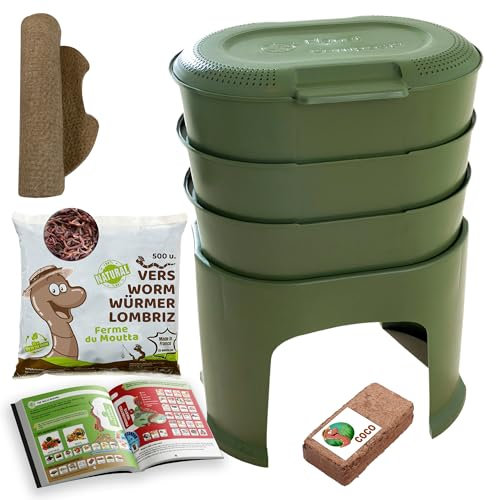 Moutta | Magic Worm Verde Oliva | Vermicompostador de Cocina 3 bandejas | 250gr de Lombriz / 500 und. | Kit Completo