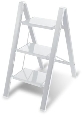 Joparri Scala pieghevole in alluminio a 3 gradini, scala antiscivolo, scala portatile per casa, cucina, casa, ufficio, portata fino a 150 kg, colore: bianco