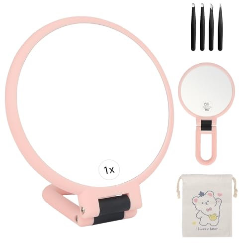 OWill Espejo de Aumento, Espejo Maquillaje 15x / 1x con Mango, Espejo Aumento con Mango, Espejo de Mano Doble Cara, Espejo Maquillaje para Mujer Rosa
