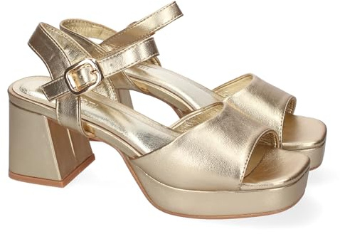shoes&blues.es 88530 Sandalias de Tacon para Mujer, Comodas y Elegantes, Diseno Moderno con Correa Ajustable y Puntera Abierta. Oro Talla 40