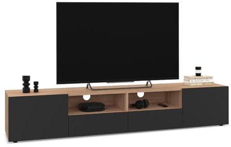 IDMarket - Meuble TV 180 cm ELI Bois façon hêtre Portes Noires