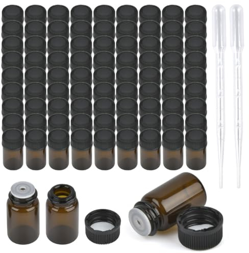 OTYMIOW 100 st tomma glasflaskor, brun, 2 ml, bärnsten, miniflaskor, tomma flaskor, påfyllningsbara glasflaskor, bärnsten, eteriska oljor med reducerande hål, för SPA, massage, parfymer