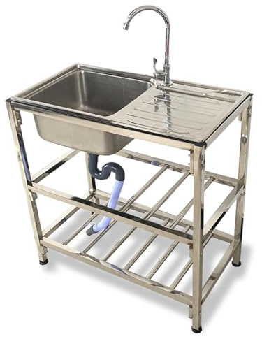Lavello Inox Autoportante Con Banco Da Lavoro E Rubinetto, Lavandino Commerciale Per Cucina, Ristorante, Caffè O Garage, Lavello Esterno A Libera Installazione Con Tavolo Di Lavoro