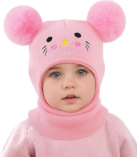 AYPOW Baby barn vintermössa balaclava för 0,5–6 år, multifunktionell termisk vindtät stickad mössa, sjalhatt för flickor pojkar småbarn, slip-mössa huva, mössa för utomhusaktiviteter, Katter rosa, one