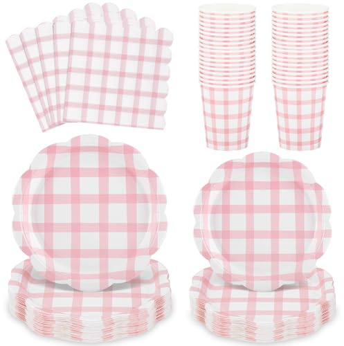 NatNarr Set di stoviglie per feste da 96 pezzi, ciotole di carta rosa con bordo ondulato per 24 persone, per compleanni, matrimoni, tea party, picnic