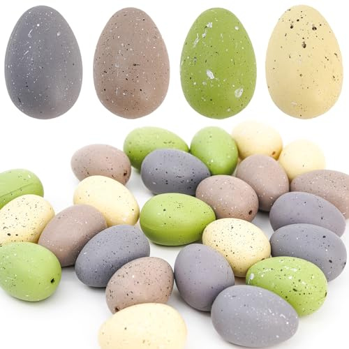 Fangoo 24 Pezzi 6 x 4 cm Uova Artificiali Maculate di Pasqua 4 Colori Uova di Plastica Pasquali Decorative Rustico Cestino Riempitivi per Decorazioni Primaverili Caccia Alle Pollaio Artigianato DIY