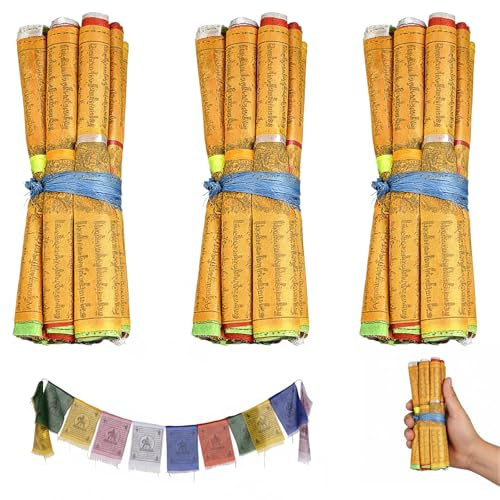 Bandera de oración tibetana de 5 Metros, 20 Banderas, con Cuerda Trenzada de Colores, para meditación, decoración de jardín y Altar Budista, Incluye 3X Banderas de oración de poliéster
