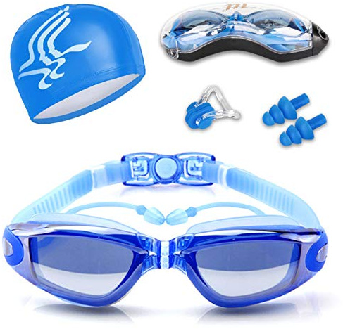 Guzack Occhiali da Nuoto, Occhialini Nuoto a Specchio Anti Appannamento, Anti UV, Gratis Cuffia da Nuoto & Clip per Naso & Tappi per Orecchie, per Donne, Uomini, Adulti, Adolescenti e Bambino