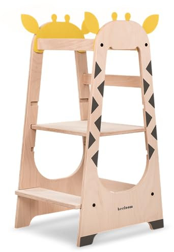 Beeloom - Torre de Aprendizaje Montessori de Madera, Giraffe Tower, Taburete de Actividades para niños Amarillo, con escalones de 3 Niveles de Altura Regulable