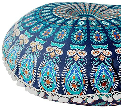 32 Mandala Large Floor Pillow Cover Meditation Cushion Seating Throw Hippie Round Colourful Decorative Bohemian Accent Boho Chic dog bed Indian Pouf Ottoman Handmade COVER ONLY (Peacock-Blue)