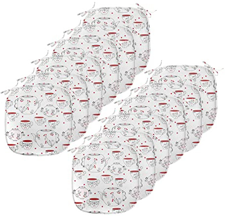 Ambesonne Tea Party Chair Seating Cushion Set of 12, Doodle Style Crockery Illustration of Floral Patterned Kettles and Cups, Anti-Slip Seat Padding for Kitchen & Patio, 16x16, Red Black White