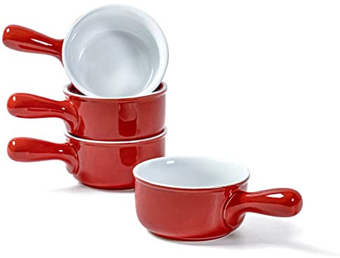 UNICASA Juego de 4 Tazones de Sopa con Asa, Tazón de Cebolla Francesa de 400ML, Tazón de Porcelana para Sopa para 4 Personas - Rojo, 4 x 400ml