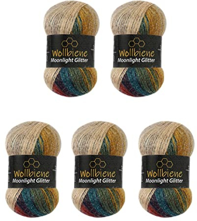 Moonlight Glitter Batik Simli - Lot de 5 pelotes de laine à tricoter de 100 g - 500 g - Pour tricot et crochet - 20% laine métallisée - Laine turque dégradé de couleur (3050 marron/ocre/vert)