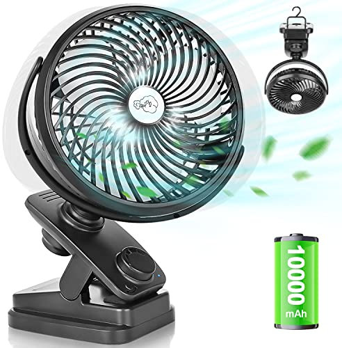 Oszillation Tischventilator 10000mAh Mini USB Ventilator Stufenloser Geschwindigkeit, Leise Clip Fan mit LED Licht, Tragbare Hängehaken Camping Klemmventilatoren 100 Stunden Wiederaufladbar, Ø 18 cm