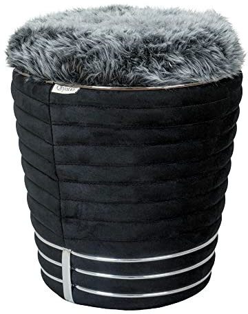 Qiyano Pouf Sitzhocker Samt, runder Fusshocker in Schwarz mit flauschigem Fellimitat, Interior Dekoration Kunstlederverzierung in Grafit - Höhe ca. 50 cm, Farbe: Schwarz