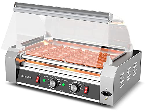 Leconchef Hot Dog Roller Machine Commercial Electric 7 Roller Grill Hot Dog Warmer Cooker Machine Stainless Steel with Dual Temp Control, Detachable Glass Cover & LED