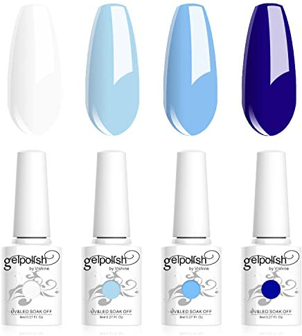 Vishine Geles de Esmalte Semipermanente, Lote de 4 Colores Azul, Blanco, Azul Cielo, Azul Oscuro, Colección de Nail Art Esmalte de Uñas en Gel para UV LED, Barniz de Manicura 8 ml C022