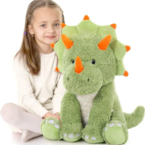 MorisMos Giant Triceratops Teddy, 60cm Green Dinosaur Soft Toy, Fluffy Cuddly Triceratops Plush for Boys, Large Kawaii Dino Gift for Kids Birthday Christmas Deco