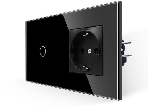 JIMEIDA Touch Lichtschalter mit Steckdose Schwarz 1 Fach 1 Weg,Glas Panel und Status-LED Schalter 300W,157 * 86mm