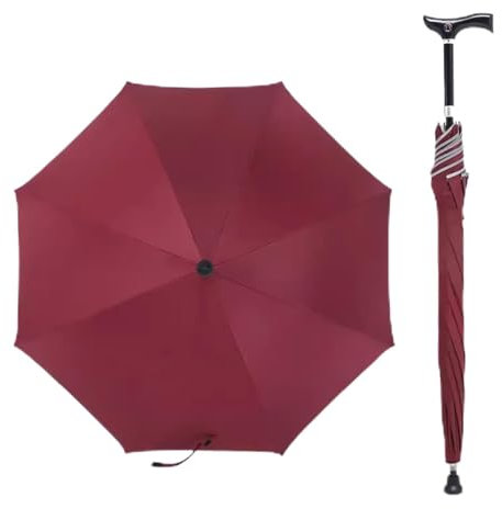 Wzmazingly 2-in-1 Schirm-Gehstock, Senioren Rutschfeste Stützschirm Wanderstock Regenschirm Länge Verstellbar Leichtgewicht Wandern Spazierstockschirm(Red)
