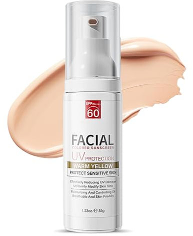 Tinted Sunscreen for Face SPF 60, Face Sunscreen SPF 60, Tinted Moisturizer for Sensitive Skin, Tinted Daily Facial Suncream, Light & Breathable, Non Greasy, Natural Coverage, 1.23 oz