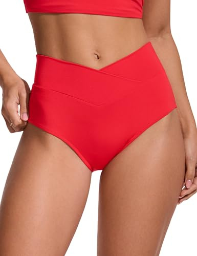 CRZ YOGA High Waisted V Cut Bikini Bottom for Women - Cross Front Bathing Swimsuit Full Coverage Swim Briefs Deep Red Medium