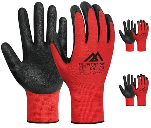 flintronic 3 Paar Arbeitshandschuhe, Nylon Arbeit Handschuhe für Herren und Damen, Beschichtete Gartenhandschuhe mit PU-Beschichtung, Rutschfeste Handschuhe, für Bauarbeiter Mechaniker, Rot 10/XL