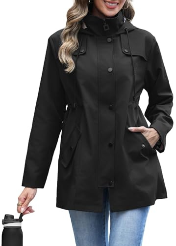 RUMIA Raincoat Women Waterproof Long Hooded Trench Coats Lined Windbreaker Jackets for Women 2026 Black L