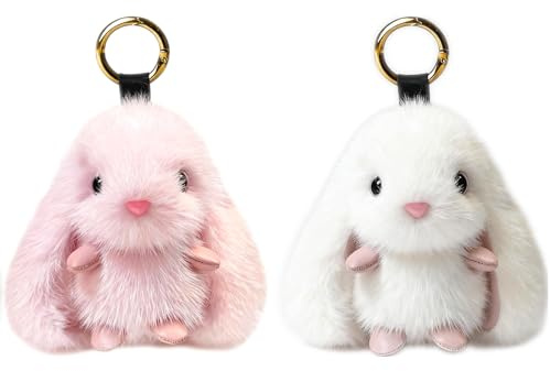 CHUANFU 2 Pièces Porte-Clés Lapin en Peluche, Porte Clef Peluche Lapin Accessoire de Pendentif, Charme de Sac Animal Mignon Keychain, Porte-Clés Femme pour Sac à Dos, Voitures (Blanc, Rose)
