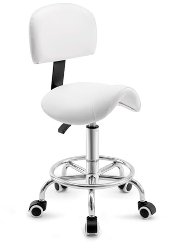 Sgabello da sella con schienale – Sgabello girevole a 360° con ruote e poggiapiedi regolabile | Sgabello da sella con ruote regolabili in altezza 49-61 cm | ideale per ufficio, salone e cosmetici come