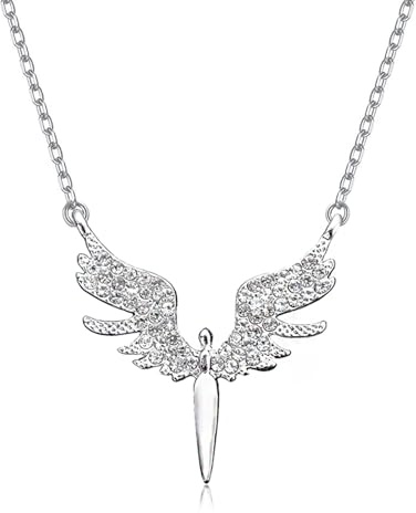 Bqouiq Silver CZ Guardian Angel Necklaces for Women Men Dainty 14K Gold Angel Wing Pendant Necklace Shiny Rhinestones Wings Necklaces (silver)