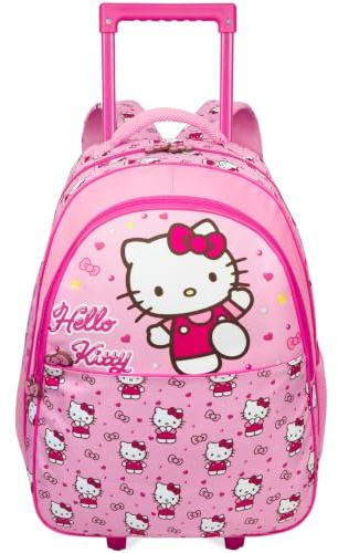 Get Trend Sanrio Hello Kitty Girls Trolley Bag for Travel and School | 2-in-1 Kids Backpack with Adjustable Straps, Compact Cabin Suitcase with Wheels & Handles, Travel Gifts (Pink Hello Kitty)