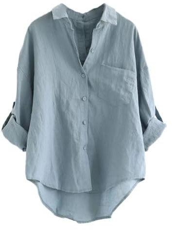 Minibee Women's Linen Blend Blouse High Low Shirt Roll-Up Sleeve Tops Blue 2XL