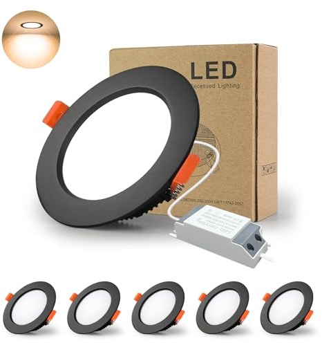 BAGZY LED-spotlights Infälld 5W 500LM 220V Varmvit 3000K Diameter Utskärning 70-80mm IP44 Extra Platt Runda Infälld Takspotlight Spotlight CRI 80 för Kök Vardagsrum Hall Sovrum (5st, Svart)