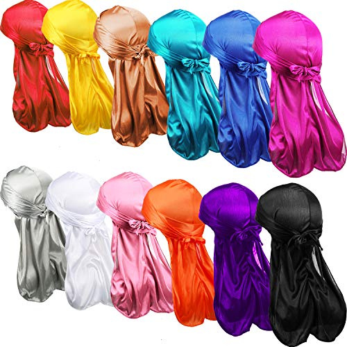 12 Pezzi Durag di Seta Cappello Turbante a Coda Lunga a Cuffia Copricapo Durag per Uomini Donne Corsa Fitness Ciclismo Escursionismo Campeggio, più Colori